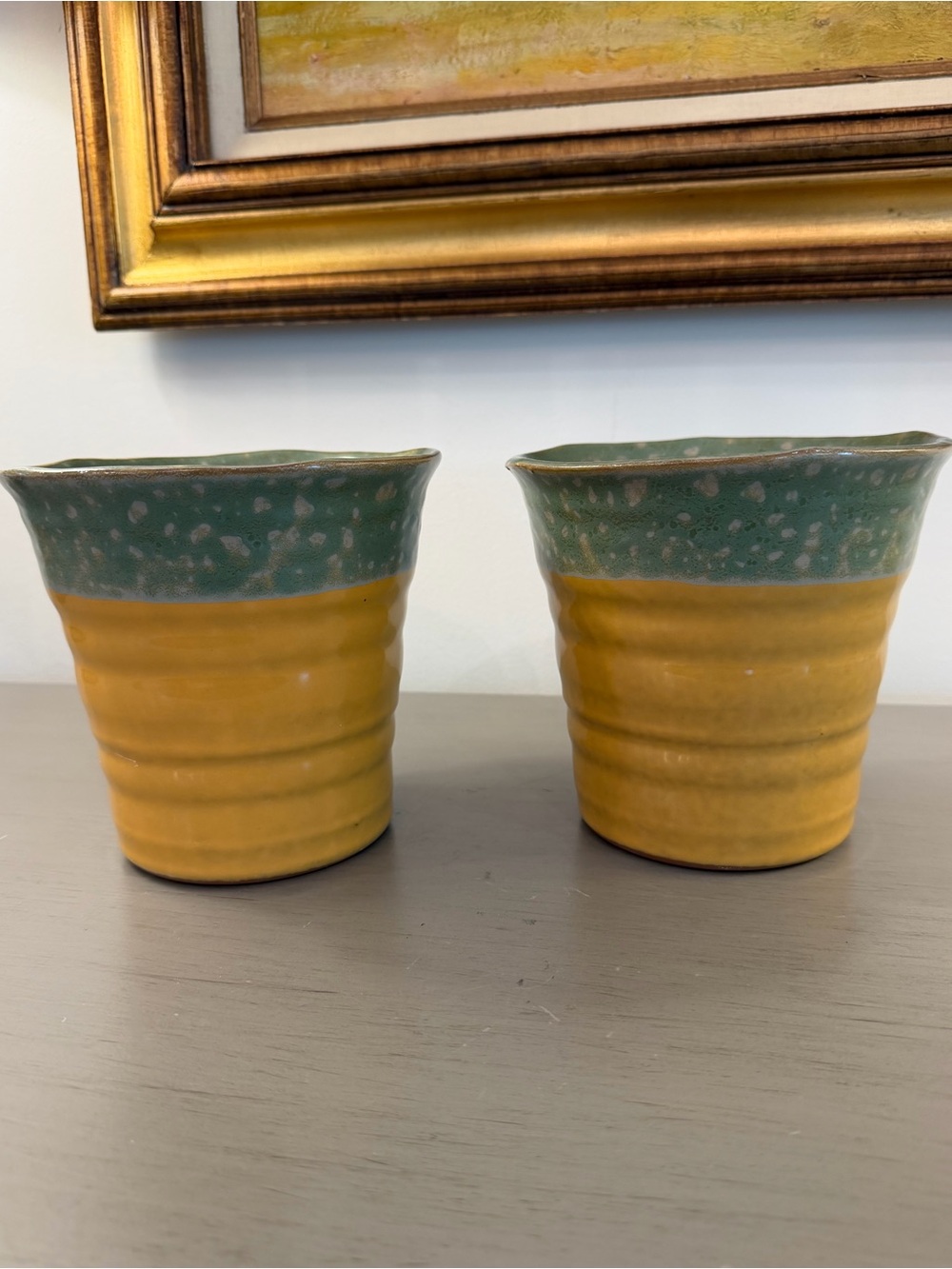 Vintage Portuguese Stoneware Planter Pots Cachepots Set Of 2 Green Yellow NEW